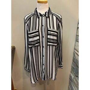 Belle Sky L Black stripes sheer button down polyester blouse